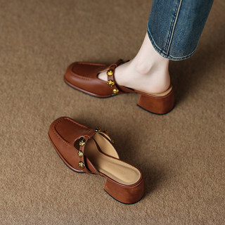 Sheepskin Retro Style High-Heeled Closed-Toe Mules for Women, Summer 2025 New Model, Slip-On, High-End Feel Sandals