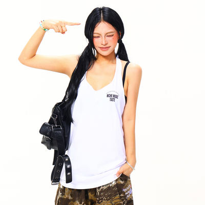 Light Blue new product 15% off American light Asian style letter-printed vest for women, loose halter top