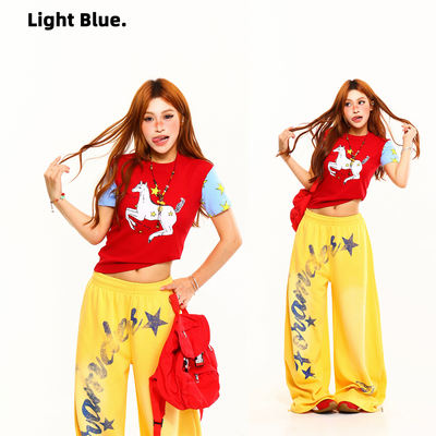 Light Blue new product 88% off American Pony print contrasting color short-sleeved T-shirt for women, sweet and cool summer top