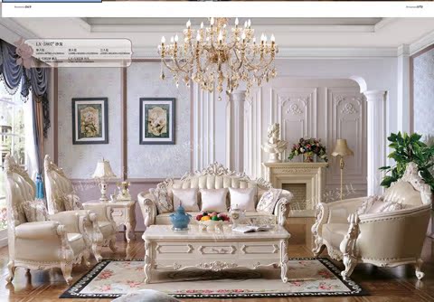 Phòng khách đặt bàn ghế gỗ châu Âu chạm khắc sofa da đá cẩm thạch bàn cà phê TV tủ da phân phối góc vải ghế sofa gỗ