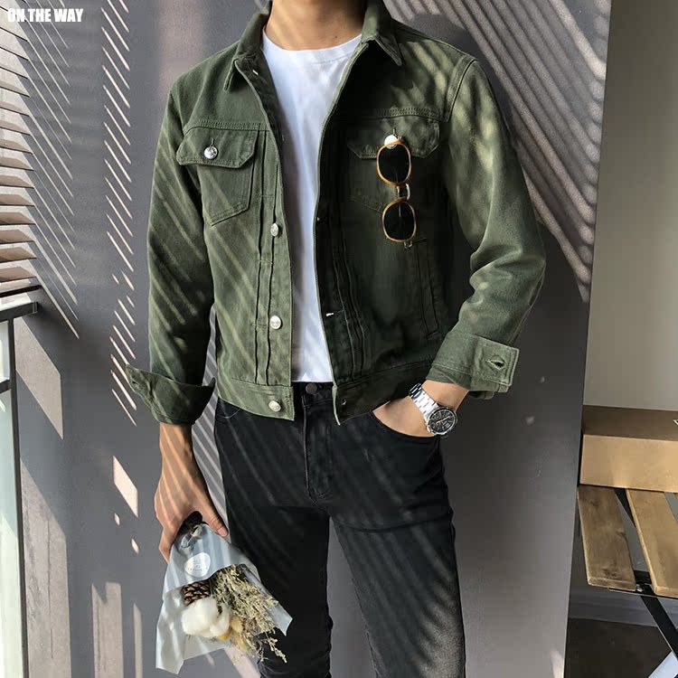 Mùa xuân 2019 chất lượng quân đội màu xanh lá cây phiên bản Hàn Quốc của chiếc áo khoác denim tự canh ngắn dành cho nam - Áo khoác đôi áo gió nam
