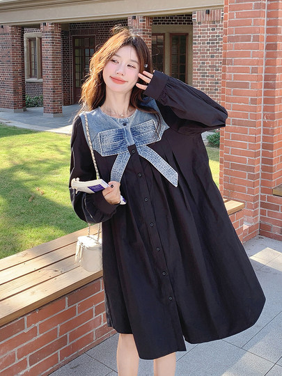 拼接牛仔蝴蝶结连衣裙女秋韩版宽松减龄森系慵懒风长袖黑色衬衫裙