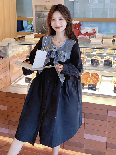 拼接牛仔蝴蝶结连衣裙女秋韩版宽松减龄森系慵懒风长袖黑色衬衫裙