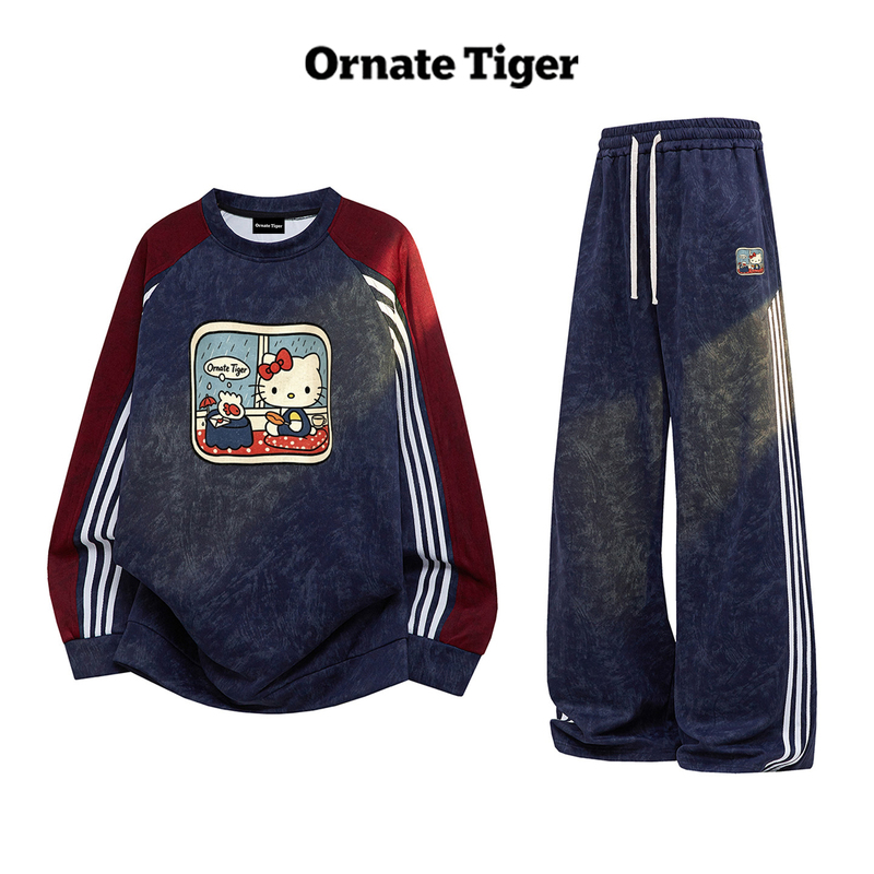 New Ornate Tiger Autumn Korean Style Tie-Dye Color-Block Kt Cat Sweatshirt Women's Casual Sports Suit with Wide-Leg Pants