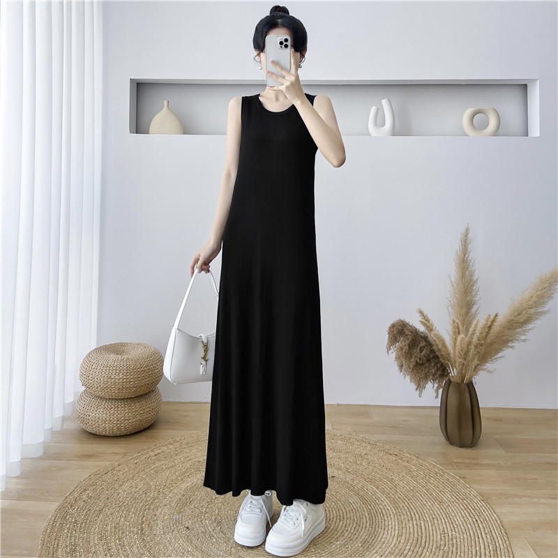 Summer Ice Silk Knitted Tank Dress for Women 2026 New Long Style Sleeveless Base Layer Loose Round Neck A-Line Dress