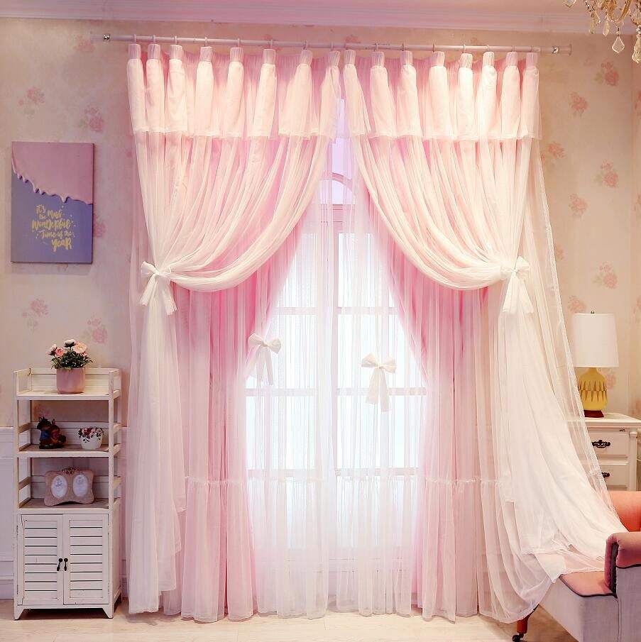 Han Style Public Main Wind Dreamy Curtains All Shading Living-room Floating Window Bedroom Hook Style Finished Cozy Little Fresh Yarn Curtain-Taobao