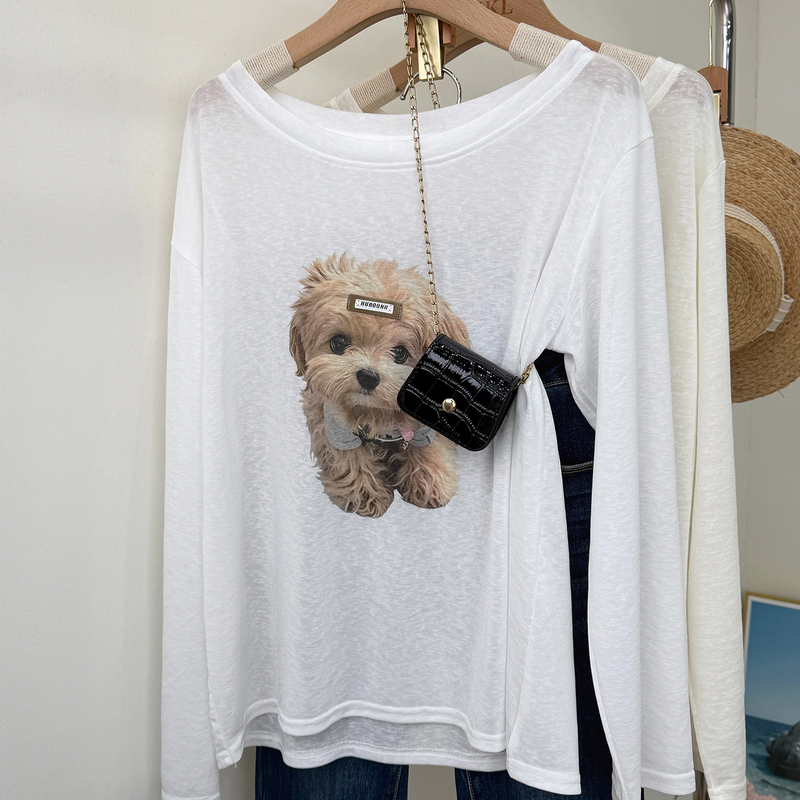 Cute Dog Print Sun Protection T-Shirt for Women, Spring and Summer, Slightly Sheer, Loose Fit, White Printed Air Conditioning Cover-Up Cute Dog Print Sun Protection T-Shirt for Women, Spring and Summer, Slightly Sheer, Loose Fit, White Printed Air Conditioning Cover-Up