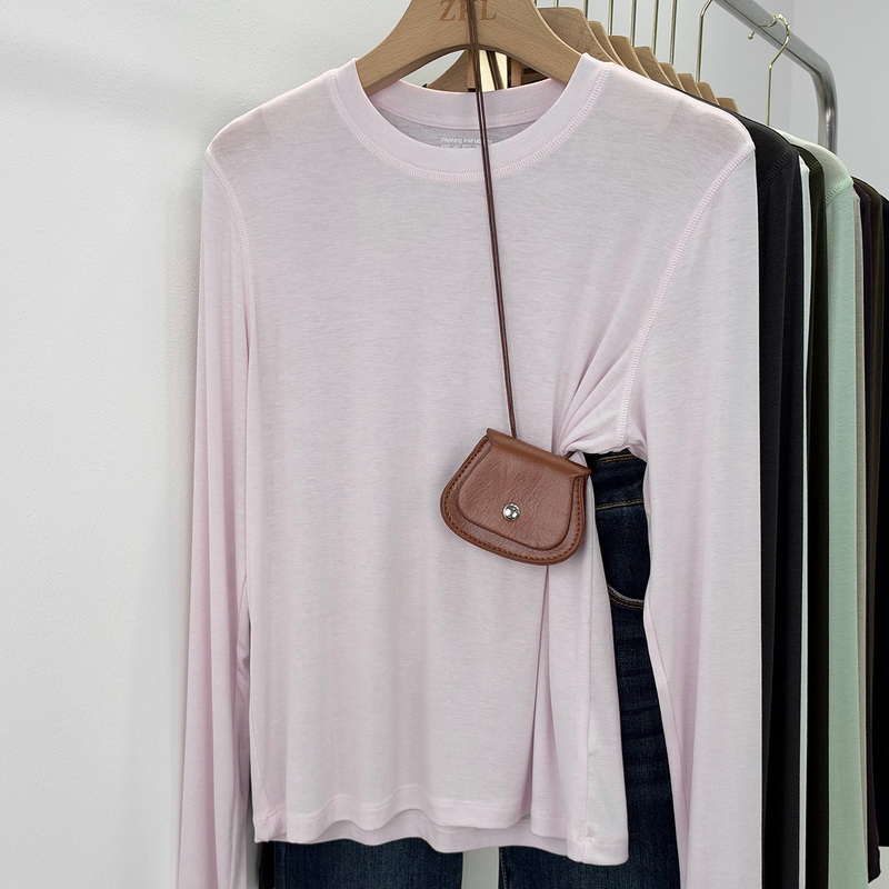 Soft Tencel Mask Long-Sleeve T-Shirt for Women, Round Neck, Solid Color Base Shirt, Autumn and Winter Inner Wear, Skin-Friendly, Slightly Sheer Top