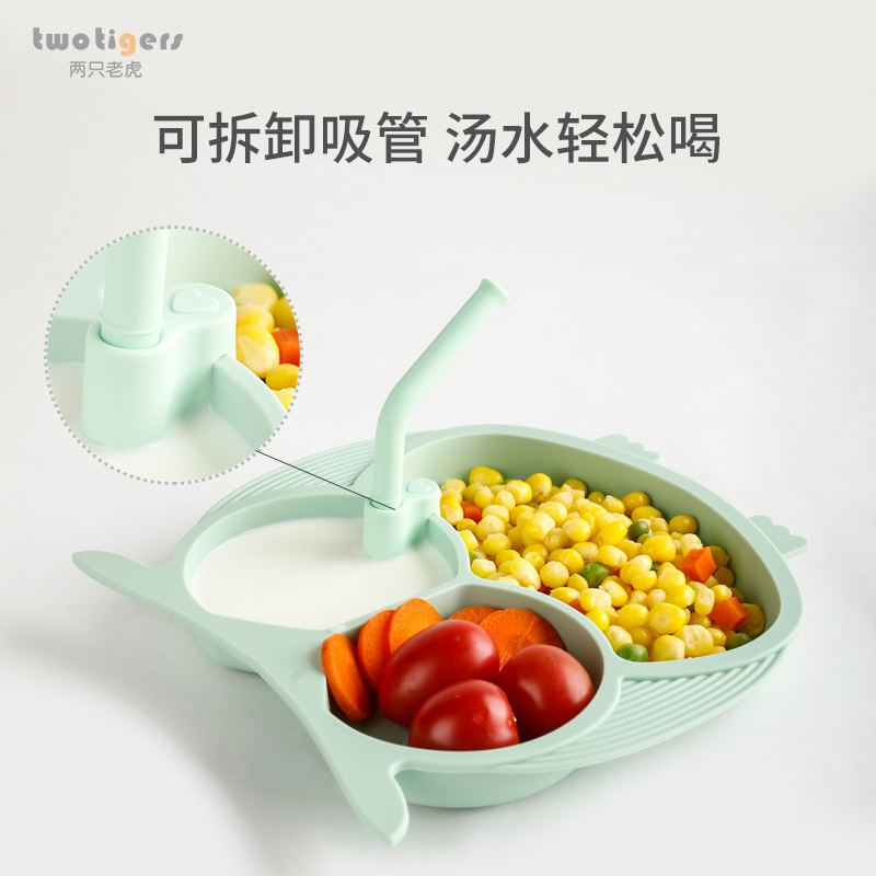 Baby dinner plate children's silicone suction cup bowl divided anti-fall cartoon baby learning to eat non-staple food bowl spoon food grade green