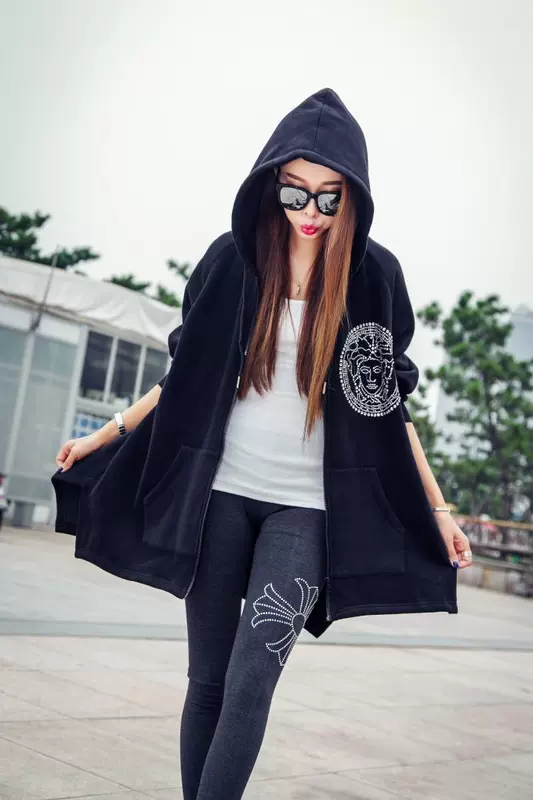 Hồng Kông phụ nữ rhinestone mùa xuân và mùa thu giữa áo len dài giải trí áo hoodie lỏng phía trước ngắn và dài trở lại áo khoác không đều - Áo len