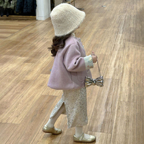 Fad Sincgo Winter Girls Chinese Retro Button Woolen Jacket Chinese Style Tang Suit Sequined Sparkling Skirt