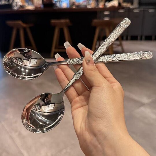 Ice pattern spoon thickened stainless steel household adult rice spoon long handle spoon eating western food spoon student spoon spoon