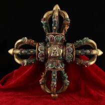 Guyi Xuan old pure copper inlaid treasure stone painted ten-character gold rigid pestle multi-Jie method cross pestle