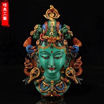 Aesthetic Tibetan Buddhist Buddha statue Green Duomo handmade painted gold lacquer Green mother mask hanging wall town house to ward off evil spirits