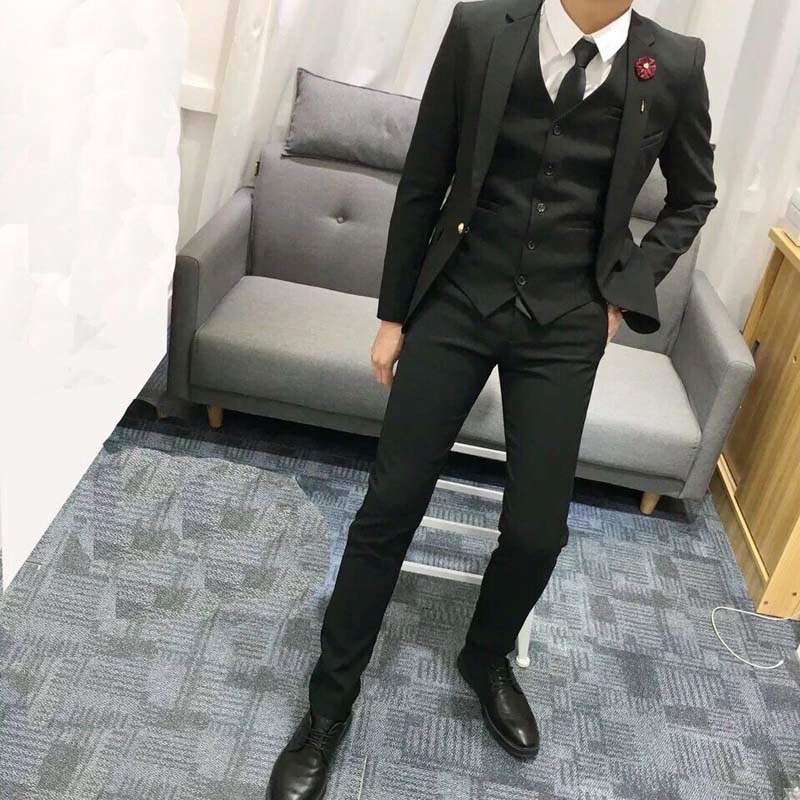 男士西服套装新款韩版修身一粒扣西装三件套新郎婚礼小西装发型师