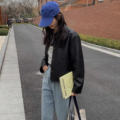 Короткая черная полиуретановая демисезонная ретро куртка, подходит для подростков