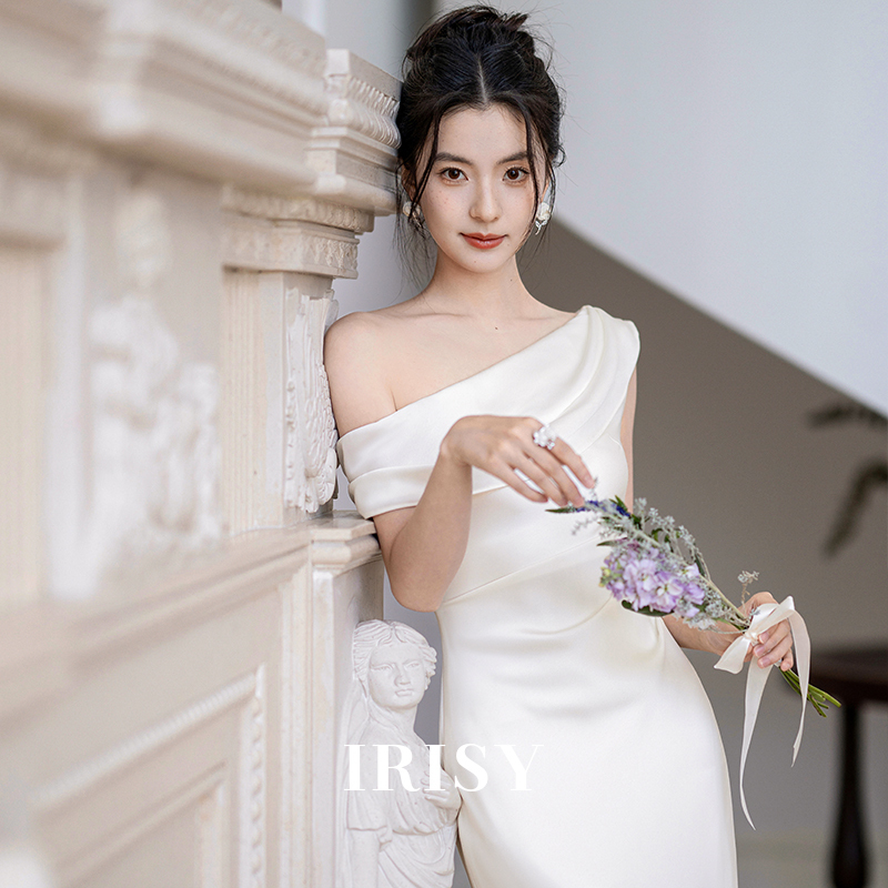 Irisy "Tangli" White Satin Engagement Gown for Women, Perfect for Marriage Registration, Elegant and Beautiful Little White Dress