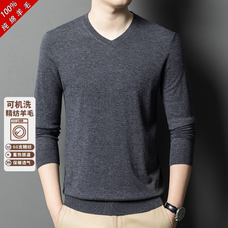 Machine Washable 100% Wool Sweater Ordos City Autumn and Winter Thin Men's V-Neck Knitted Base Layer Cashmere Sweater