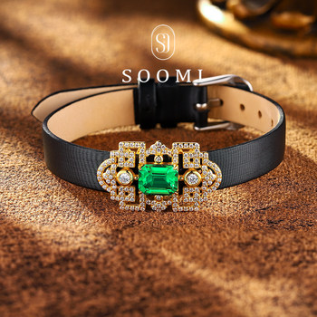 Emerald bracelet silver set 2.2ct cultured colored treasure genuine leather watch jewelry