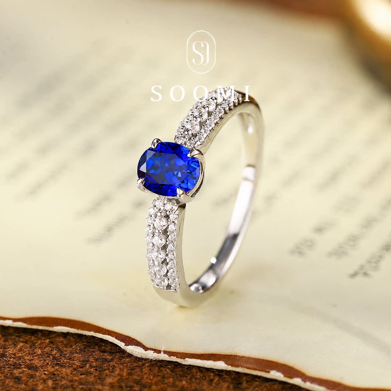 Royal sapphire ring 1ct cultured color silver gold-plated design double row diamond ring for women