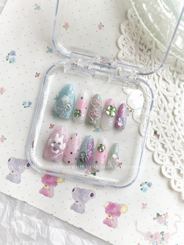 Hyama Wearable Nails Original Vintage Rabbit Rose Window Pink Green Totem Key Hand-Painted French Style Real Photo