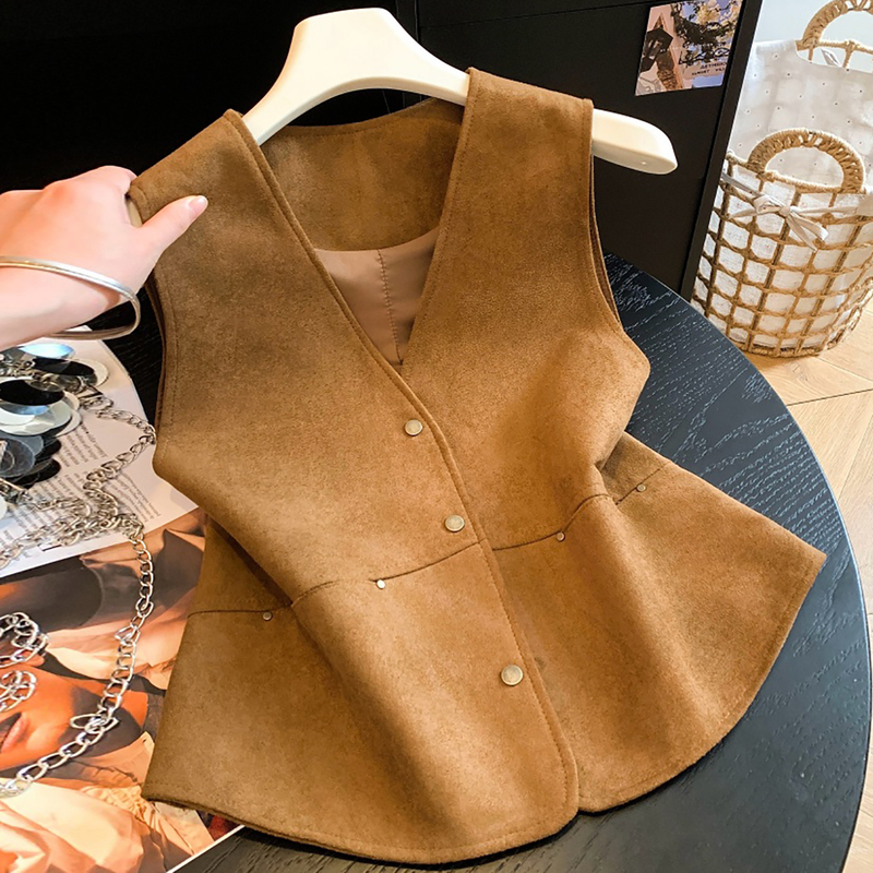 Recommended for Personal Collection~ Vintage Melard Suede V-Neck Vest Jacket for Women, Sleeveless Layered Vest for Spring and Autumn Recommended for Personal Collection~ Vintage Melard Suede V-Neck Vest Jacket for Women, Sleeveless Layered Vest for Spring and Autumn