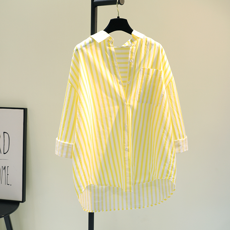 Clearance Bargain~ Designer Brand Withdrawn from Store, Spring/Autumn Single Pocket Striped Loose Mid-Length Shirt Top for Women Clearance Bargain~ Designer Brand Withdrawn from Store, Spring/Autumn Single Pocket Striped Loose Mid-Length Shirt Top for Women