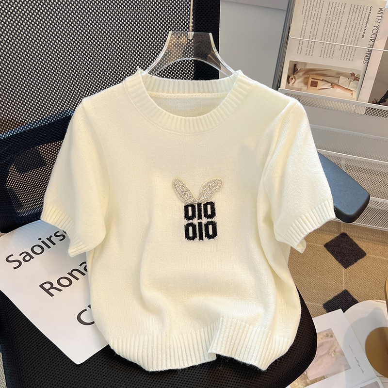 Clearance Bargain~ Designer Brand Withdrawn from Store, Summer Chanel-Style Rhinestone Letter Short-Sleeve Knit Top for Women