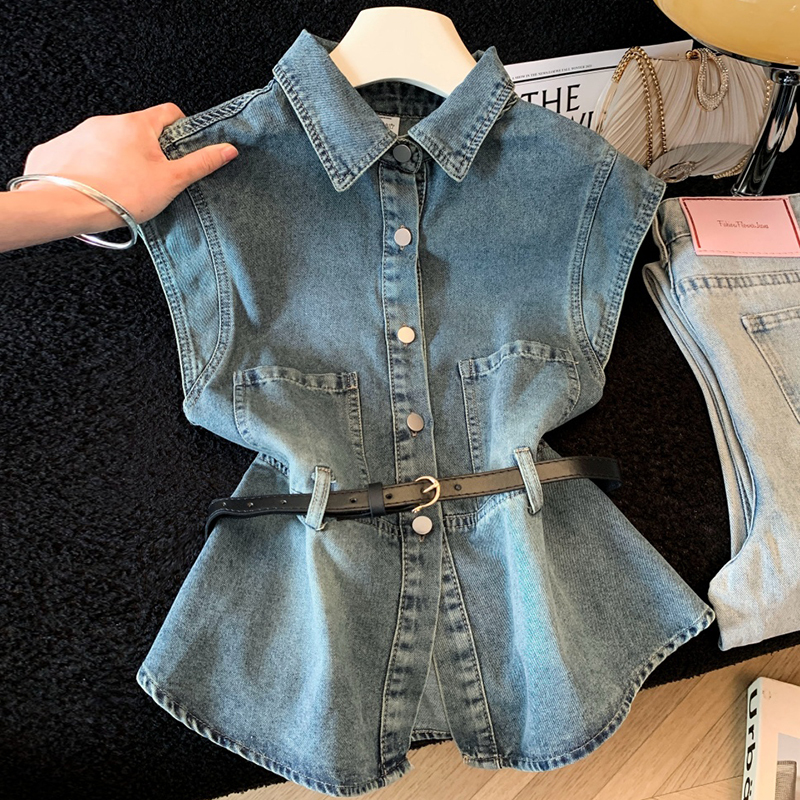 Recommended for Personal Collection~ Hong Kong Style Thin Denim Shirt with Small Flutter Sleeves for Women, 2026 Summer New Style, Waist-Cinching Versatile Top