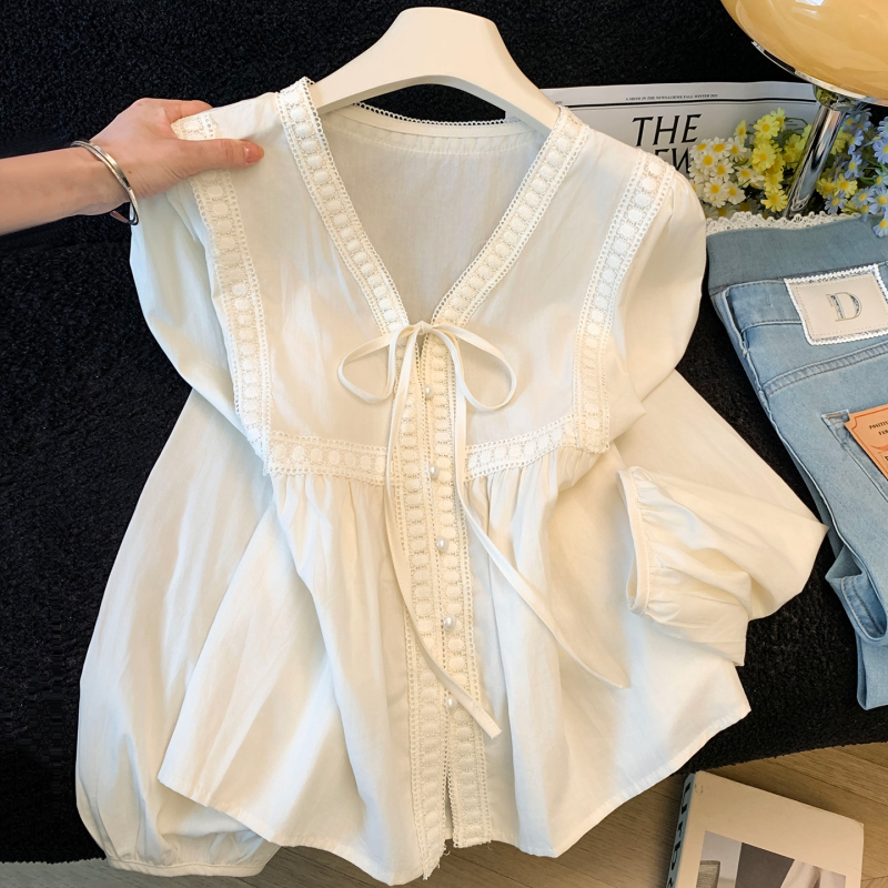 Recommended for Personal Collection~ French Retro Puff Sleeve Shirt for Women, V-Neck with Bow Tie, Lace Trim Patchwork Top