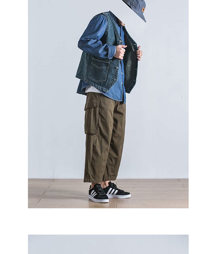 18AW Mỹ retro khâu túi lớn lỏng lẻo quần thường nam và nữ vá âm thanh nổi túi rộng chân đàn hồi quần yếm đồ nam