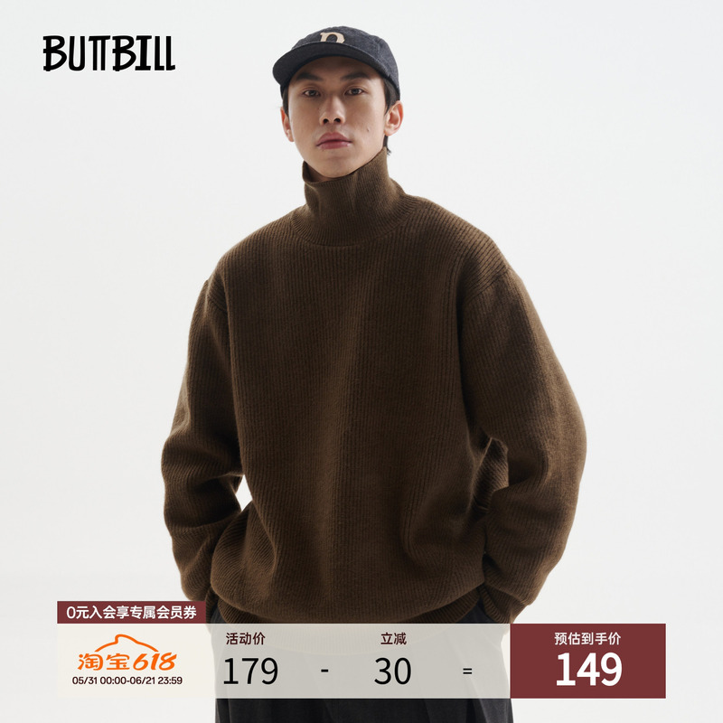 Buttbill Retro Heavyweight 830g Turtleneck Knitwear Couple's Knit Top Base Layer Japanese Style Sweatshirt