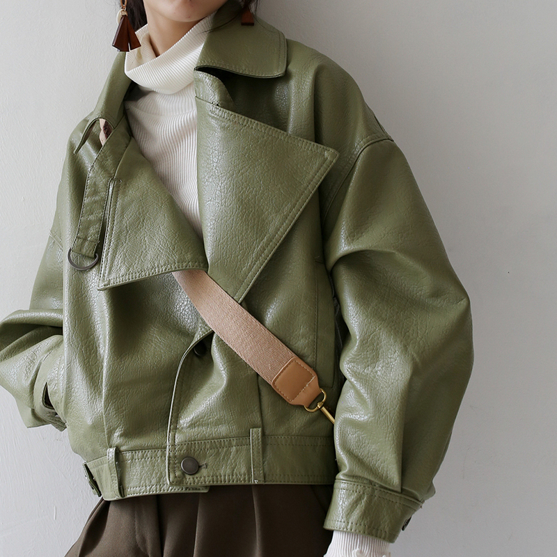 Avocado Green 2026 Spring and Autumn New Korean Style Loose Leather Jacket Motorcycle Pu Leather Bf Short Leather Jacket for Women