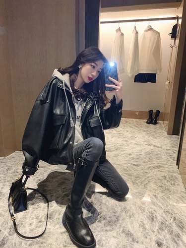 Комплект, осенняя черная полиуретановая куртка с капюшоном для отдыха