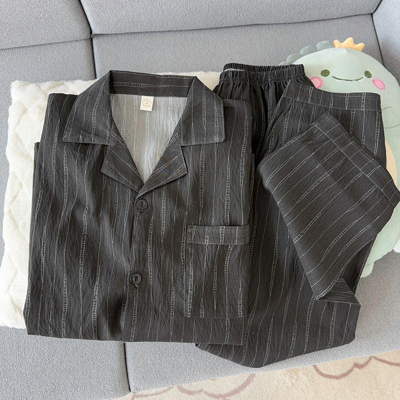 Men's Youth Pajamas Summer Short-Sleeved Long Pants Cloud Cotton Cardigan Lapel Fashion Simple Black and Gray Loungewear Men's Youth Pajamas Summer Short-Sleeved Long Pants Cloud Cotton Cardigan Lapel Fashion Simple Black and Gray Loungewear