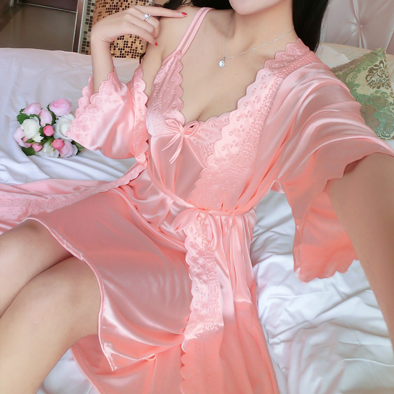 Pajamas for Women, Summer Ice Silk Sexy Suspender Nightgown, Women's Summer Nightgown Two-Piece Set, Large Size Home Wear, Short-Sleeved Suit, Silk