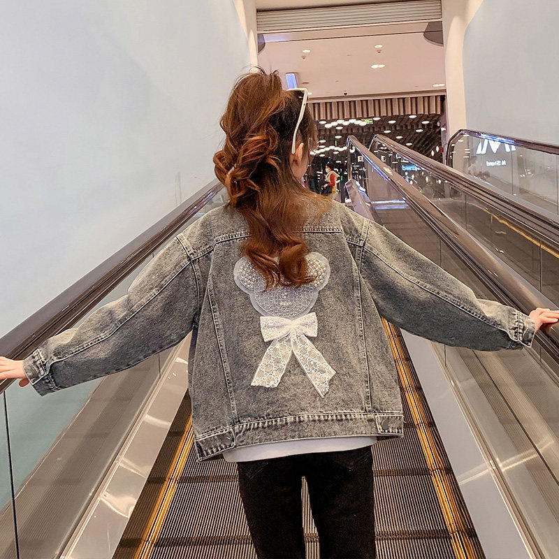 Girls' bear denim jacket 2022 spring new middle-aged children's Korean version children's Western style all-match jacket top