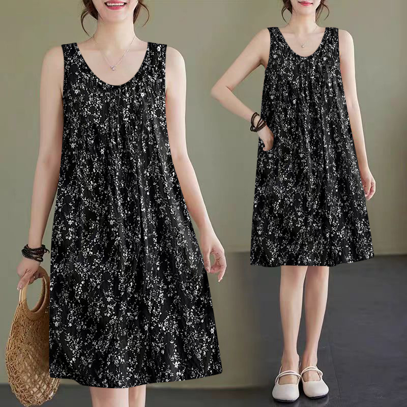 2025 Summer New Loose-Fitting A-Line Dress That Covers the Belly and Looks Slimming, Sleeveless Tank Dress with Round Neck and Floral Print for Women 2025 Summer New Loose-Fitting A-Line Dress That Covers the Belly and Looks Slimming, Sleeveless Tank Dress with Round Neck and Floral Print for Women