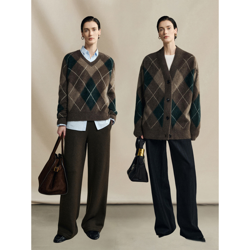 Ayuko｜Pure Highland Yak Wool German Imported Machine-Woven Warm Diamond-Pattern V-Neck Sweater/Knitted Cardigan