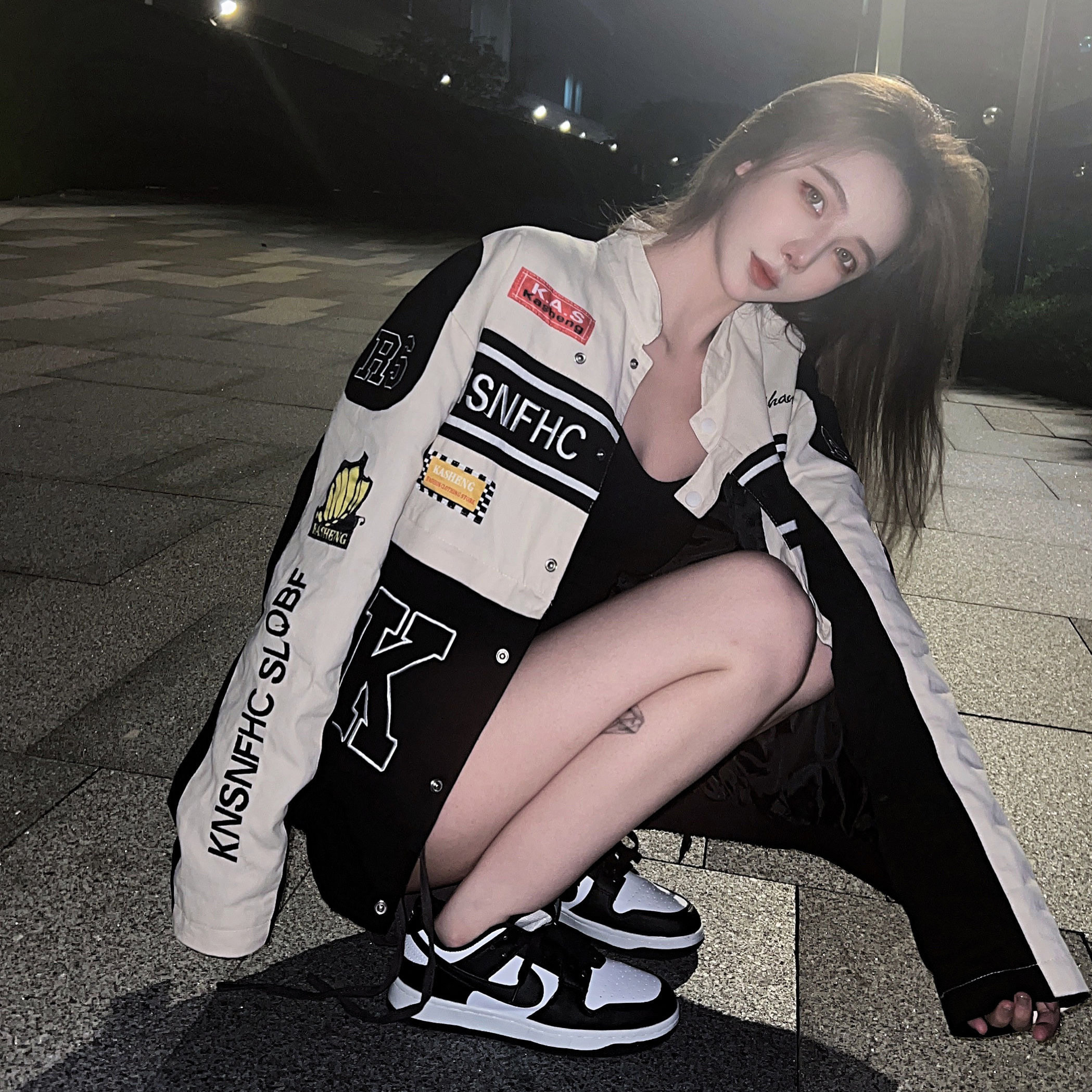 体重200kgの女性向けプラスサイズ野球ジャケット、取り外し可能でリバーシブルなモーターサイクルジャケット、秋にぴったりのスタイリッシュなアメリカンレーシングスーツ。