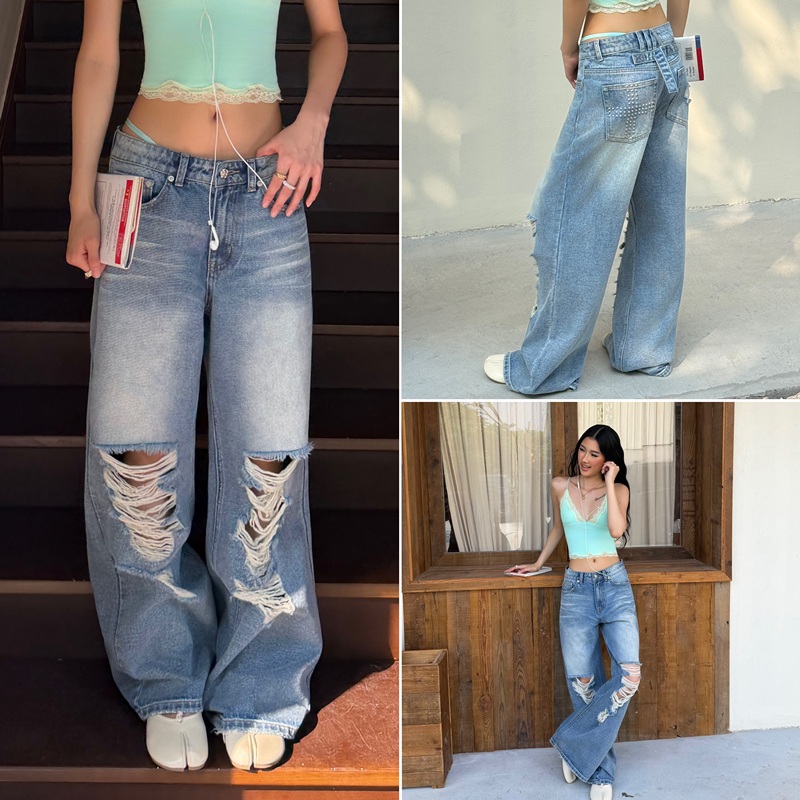 Audwyn Distressed Washed Handmade Rivet-Decorated Street Vibe Ripped Low-Rise Loose Floor-Length Jeans