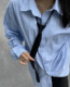 Light blue long-sleeved shirt female spring and autumn new bf boyfriend style oversize mid-length casual lazy shirt