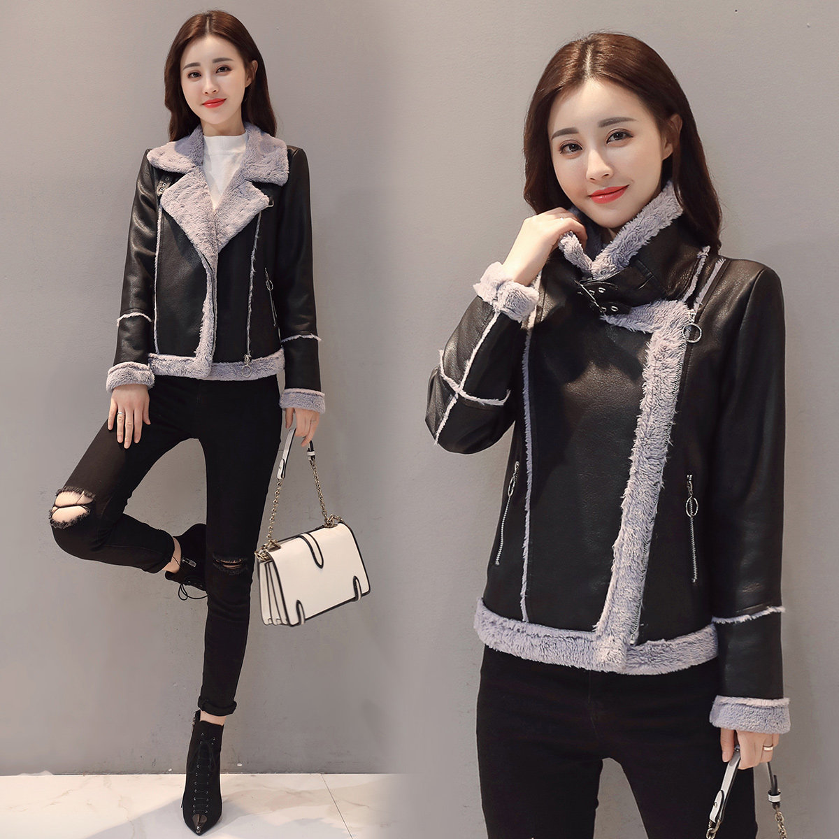 Fur integrated leather jacket woman jacket short section thickened and velvety short sub 2021 autumn winter dress new PU locomotive cotton clothing