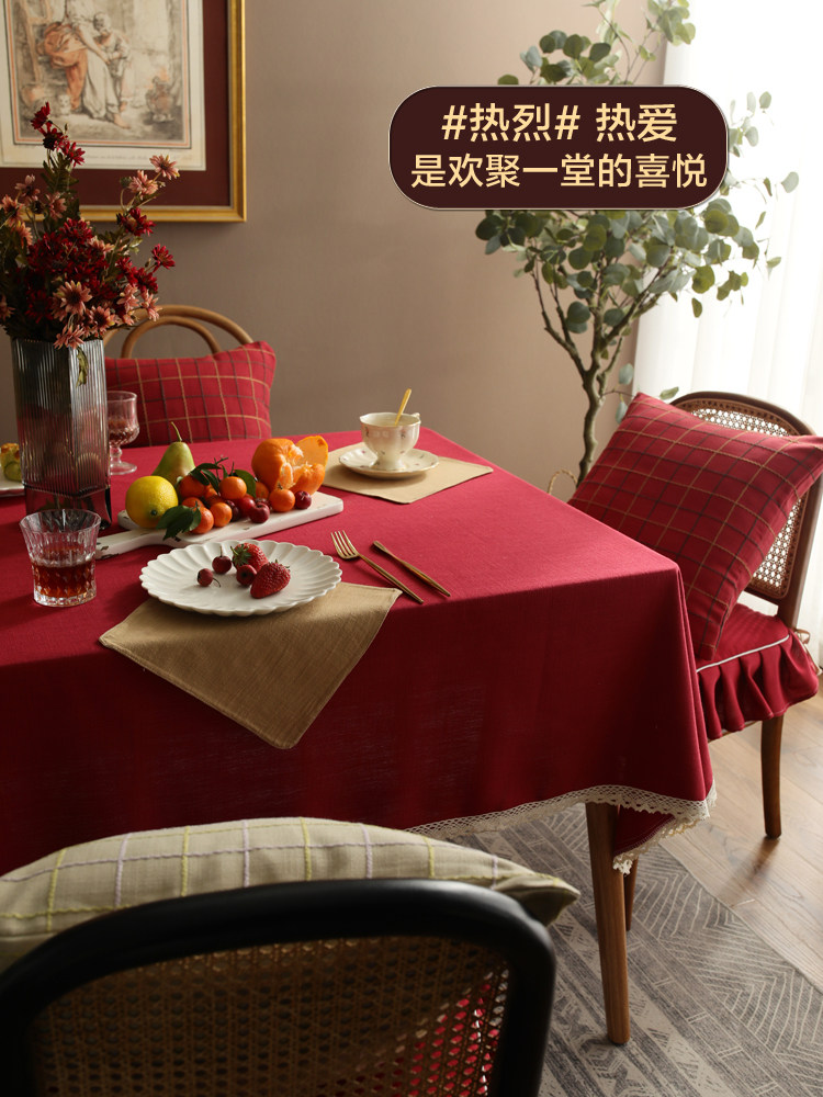 Red tablecloth fabric rectangular cotton and linen solid color American table tablecloth New Chinese tea table tablecloth advanced sense