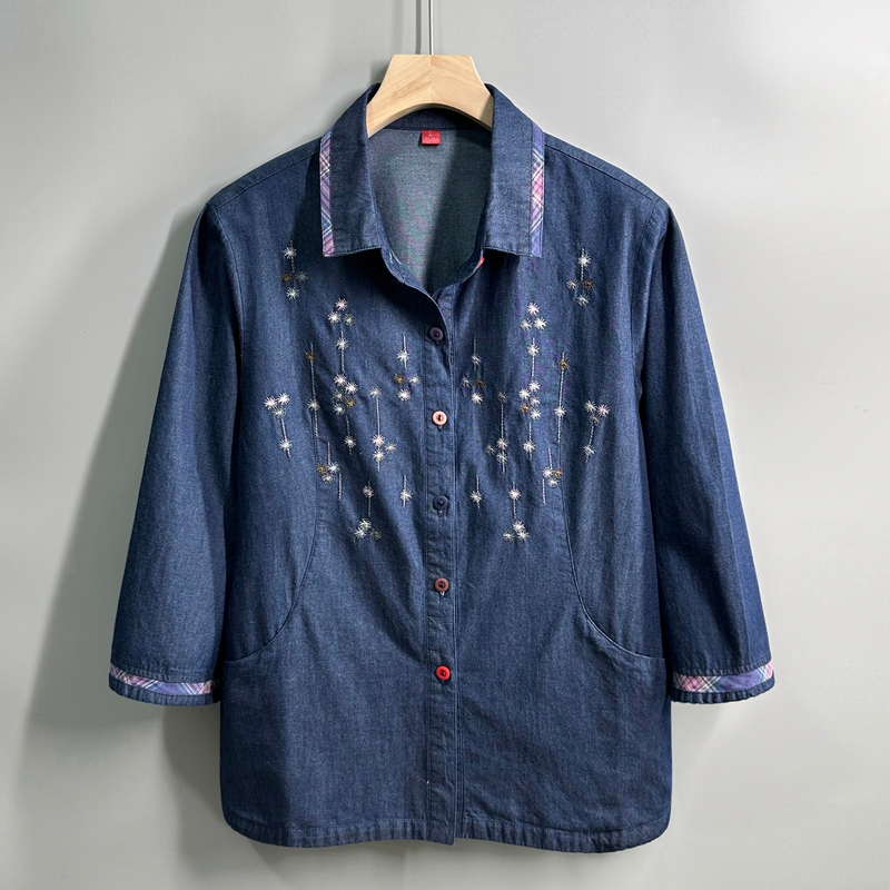 Mom's New Spring Clothing, Pure Cotton Shirt, Mid-Sleeve Shirt Jacket, Middle-Aged and Elderly Women's Summer Three-Quarter Sleeve Denim Top
