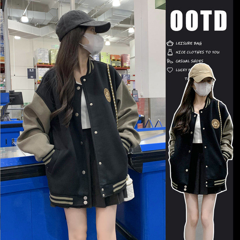 Retro baseball uniform female age reduction spring and autumn large size new student design sense loose American casual jacket Hong Kong style