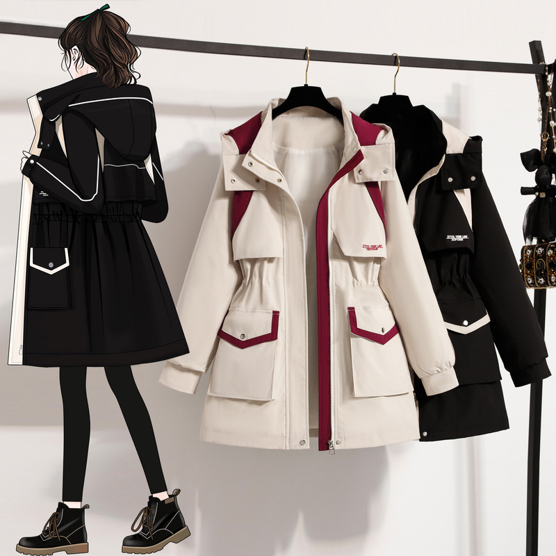 Mid-Length Hooded Trench Coat for Women, Spring and Autumn, Plus Size, 100kg Drawstring Waist-Cinching Slimming Waterproof Jacket