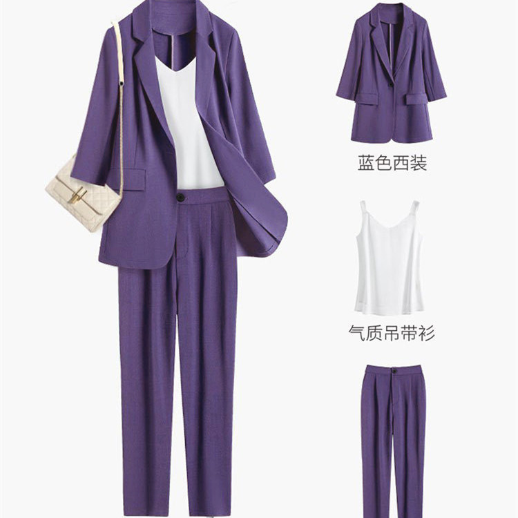 Plus-Size Women's Purple Loose-Fitting Suit Set, Thin Style for Spring and Summer 2026, Early Spring, Three-Quarter Sleeves, Cropped Pants, Two-Piece Set