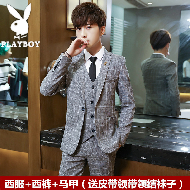 Playboy nam giới phù hợp với phù hợp với phiên bản Hàn Quốc kẻ sọc phù hợp với bình thường ba mảnh cài áo chú rể cưới mỏng