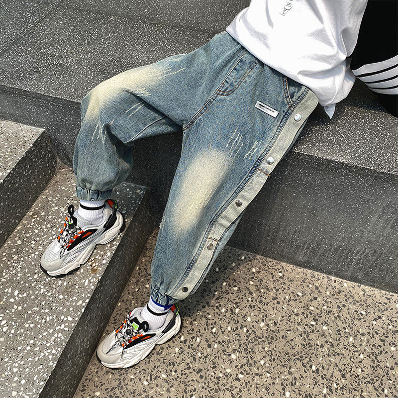 Boy Spring-autumn-style jeans 2021 New fall handsome chic autumn dress Long pants Pants Tide Children Old Daddy Pants